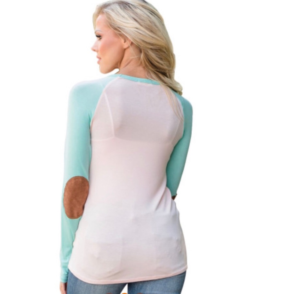 🍭 Turquoise Raglan Sleeve Elbow Patch Top - Picture 2 of 4